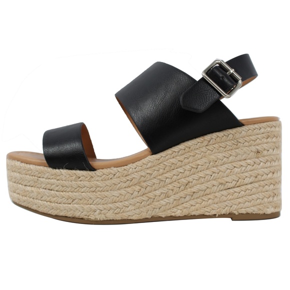 Shoes - Black Open Toe Faux Leather Espadrille Platform We